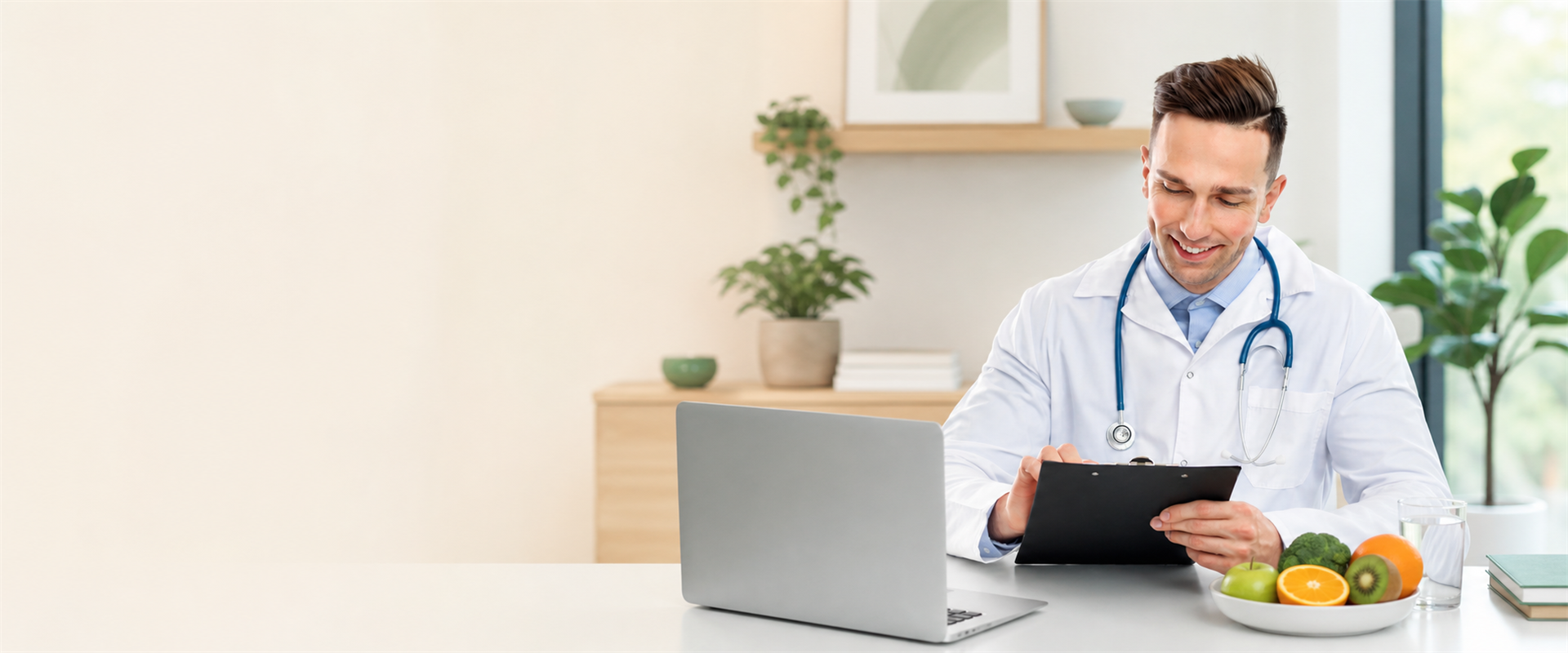 Nutricionista em consulta analisando informações em uma prancheta